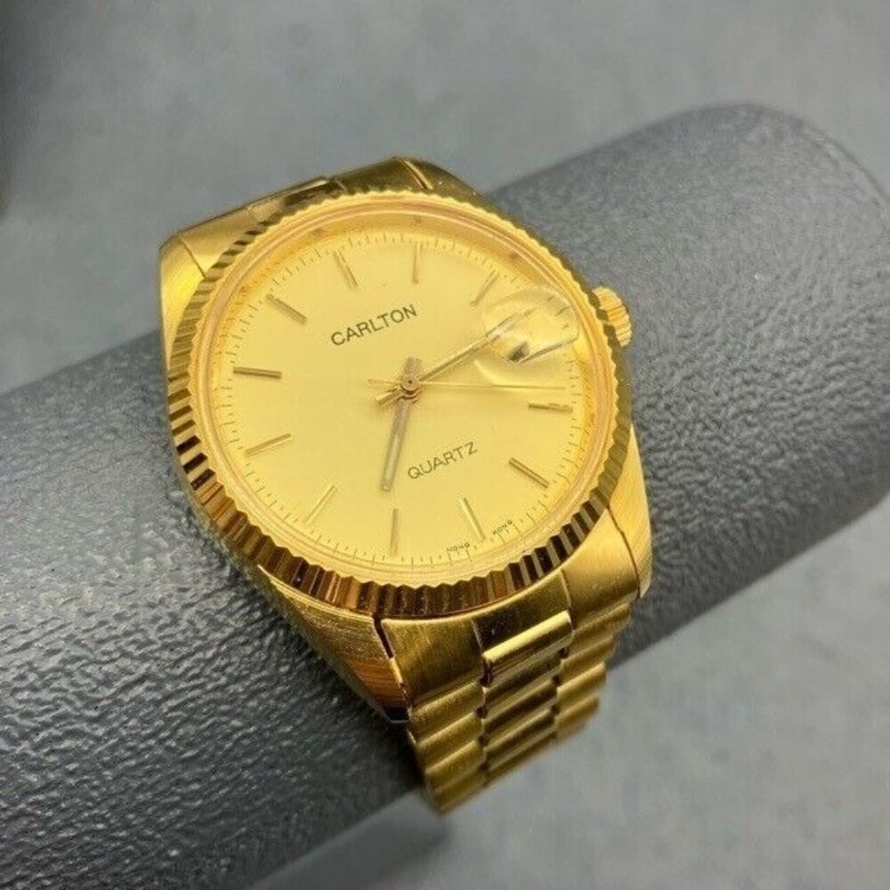 Carlton Vintage Mens Watch As Is FOR PARTS ONLY Gold Quartz Magnifying Bubble